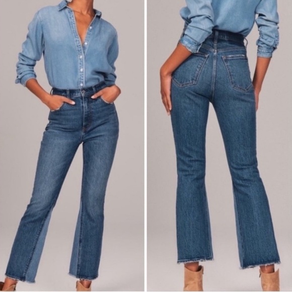 ABERCROMBIE + FITCH The Kick Flare Ultra High Rise 70s Two Toned Denim Jeans - Picture 1 of 10